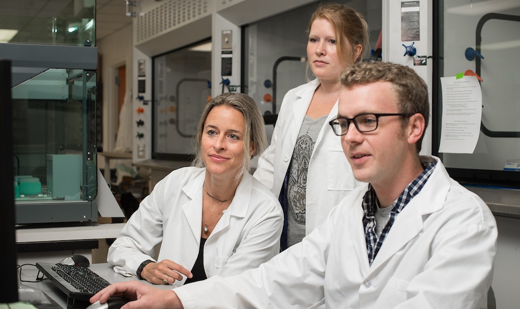 Monique Floer, MSU biochemist, and Michael McAndrew, a genetics graduate student, and Alison Gjidoda, a former research technician in Floer's lab have discovered a cellular snowplow. Photo by G.L. Kohuth