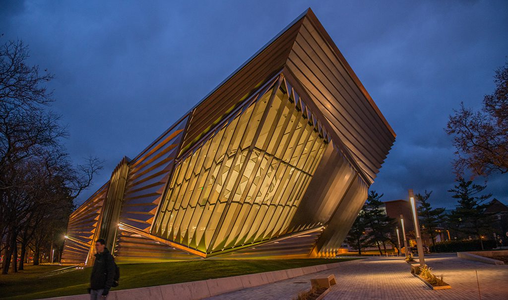 Evening image of the exterior of the Broad Museum at MSU