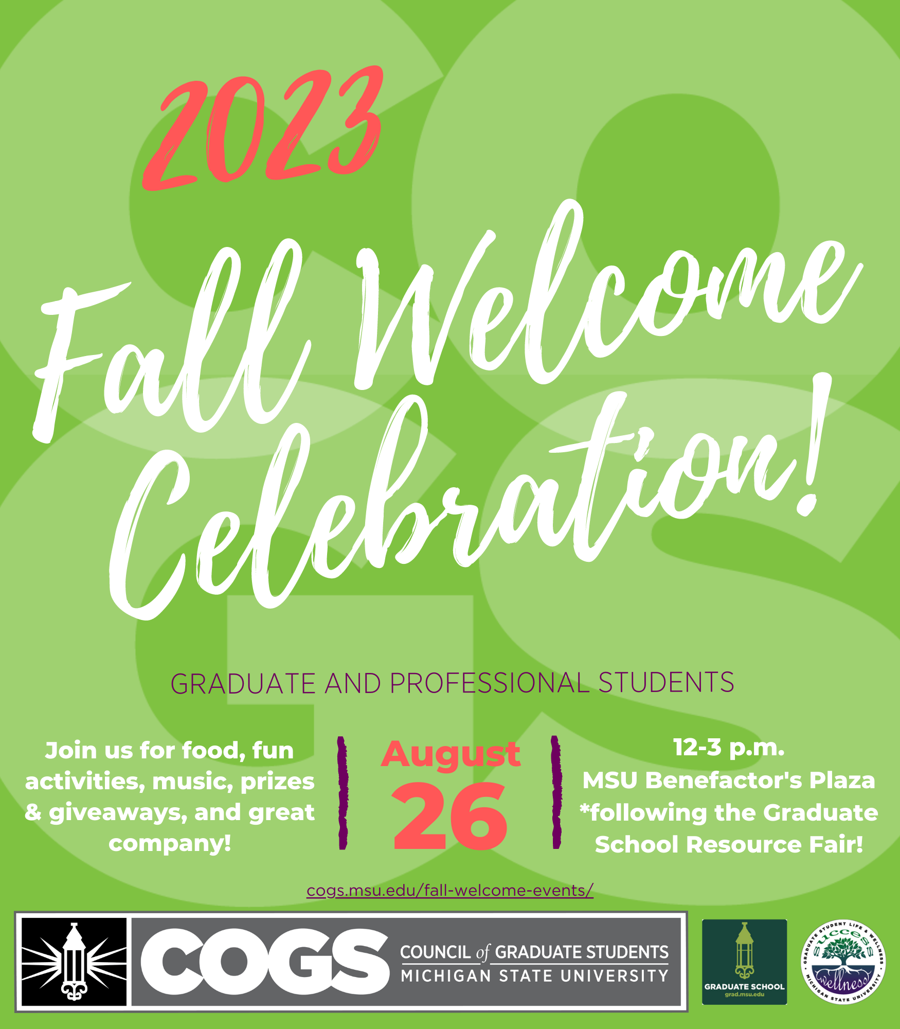 2023 COGS Fall Welcome Celebration save the date poster, August 26, 2023