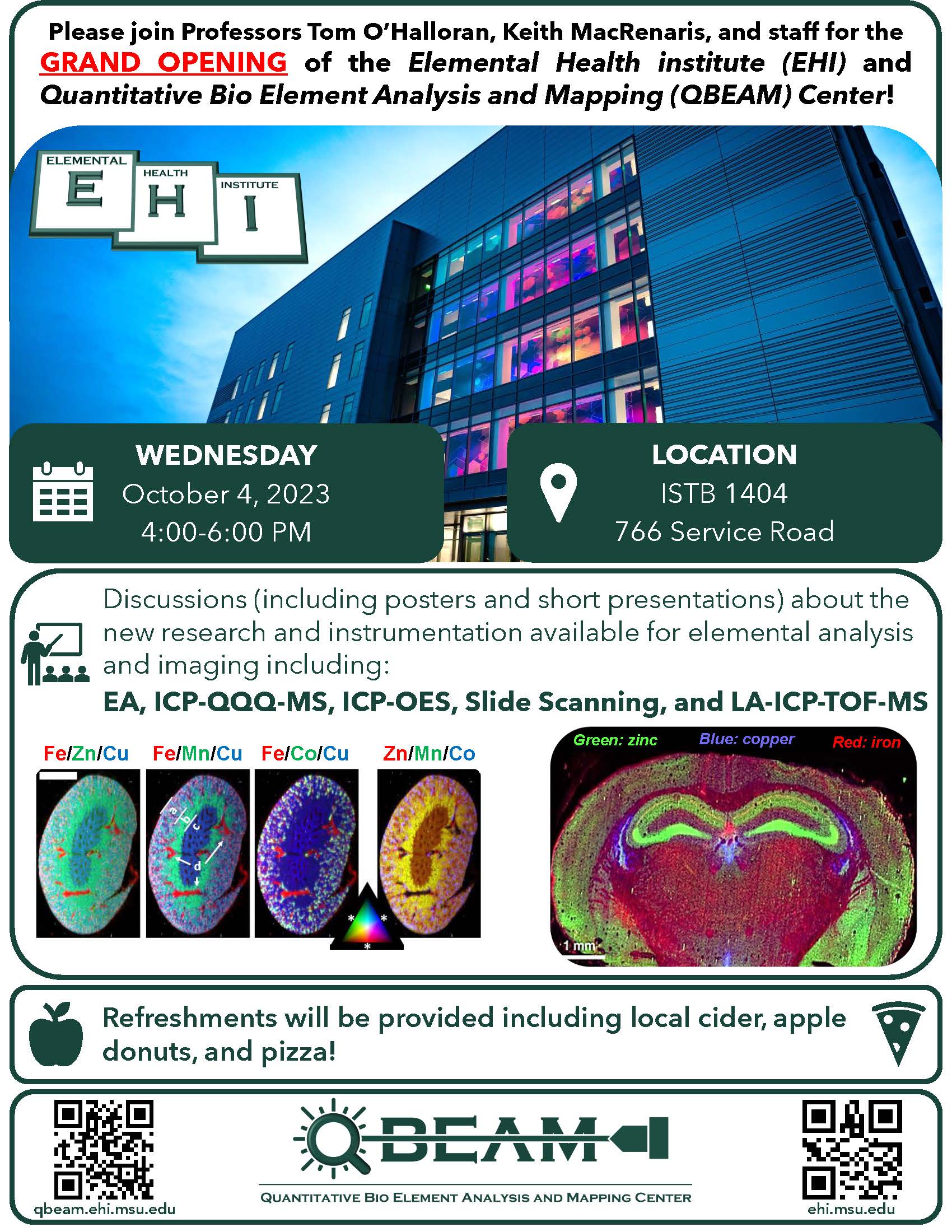 Grand opening of Elemental Health Institute and QBEAM center, October 4, 2023, 4:00-6:00 PM, ISTB Building 