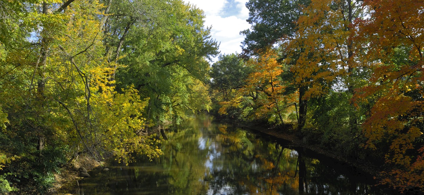 Red Caedar River running through Michigan State's ccmapus