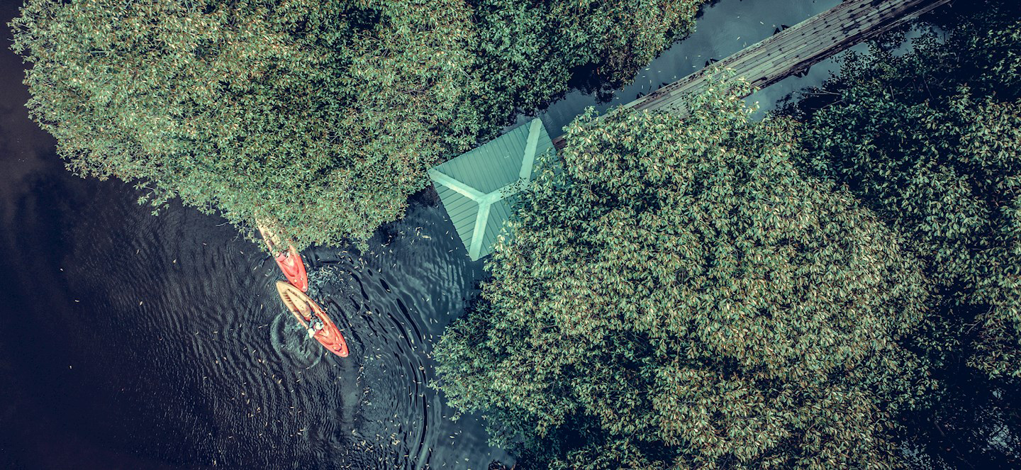 Kayaks on a river seen from overhead