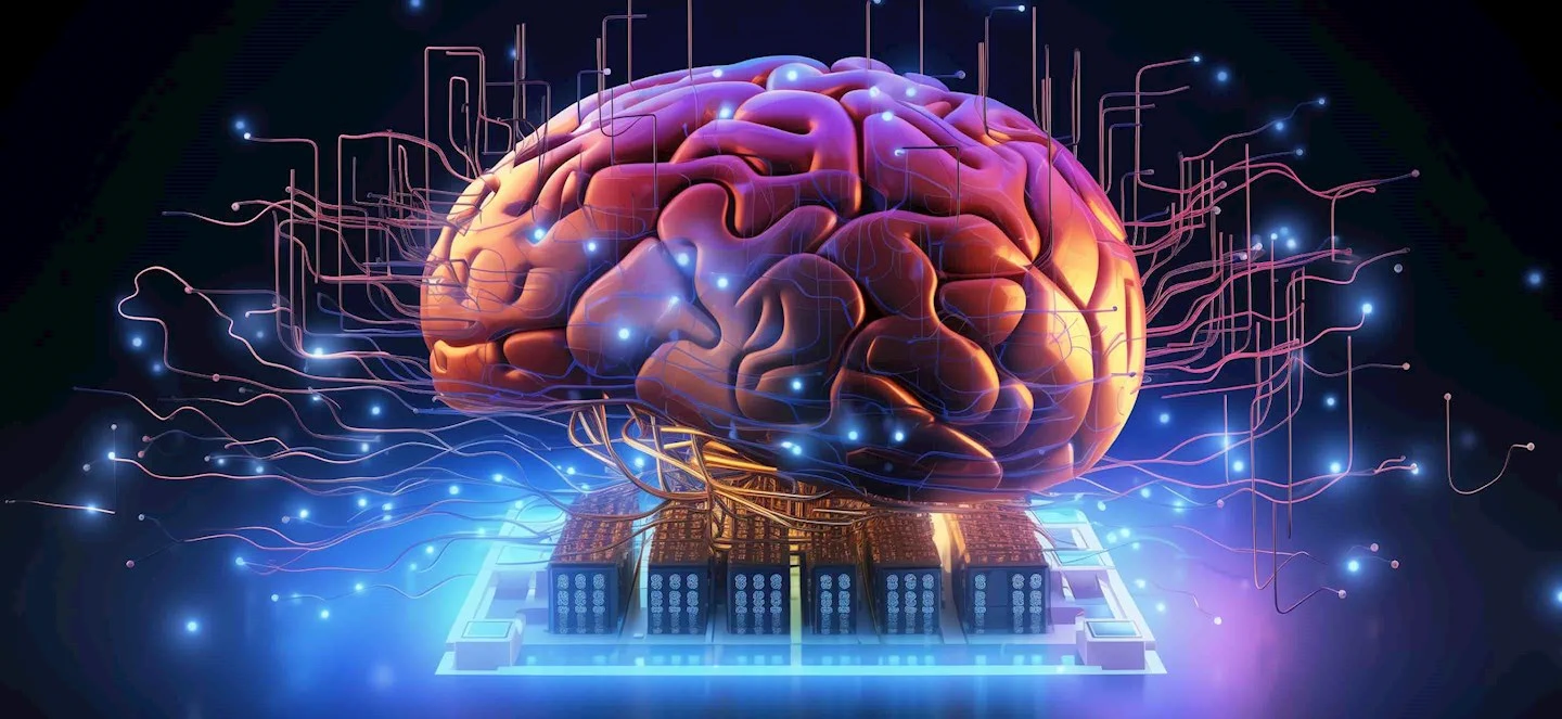 A glowing brain with neon circuits surrounds it symbolizing AI