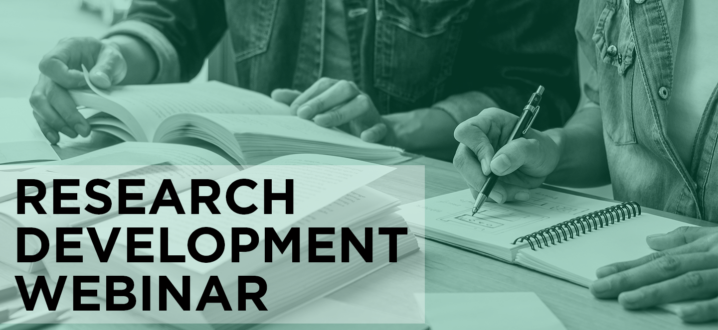 A cropped image of two people's hands writing and going through notebooks with the words Research Development Webinar on the left. 