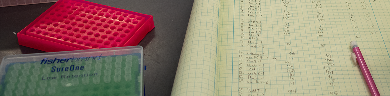 Image of bench top with lab notebook