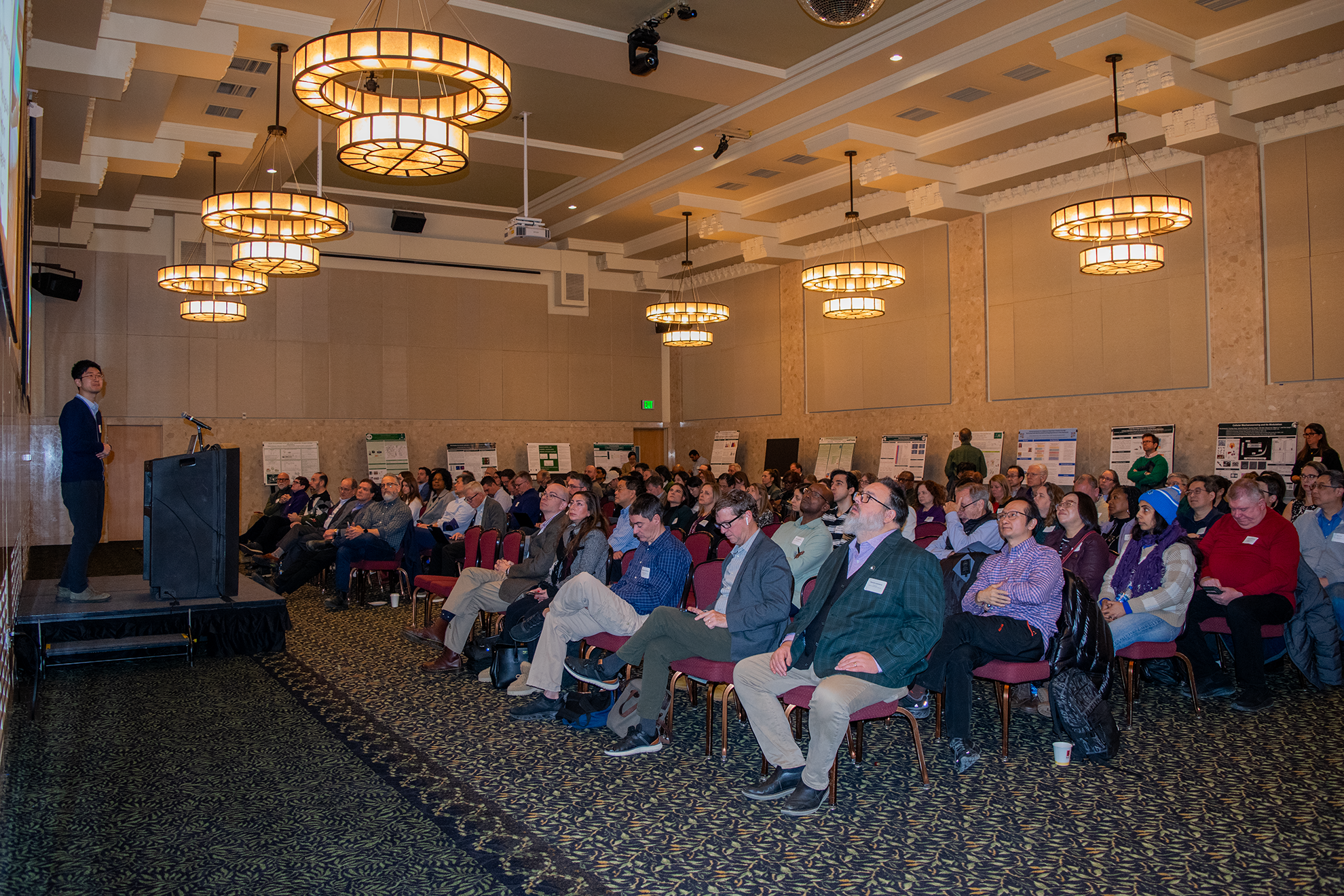 People sitting in chair listening to a person at a podium
