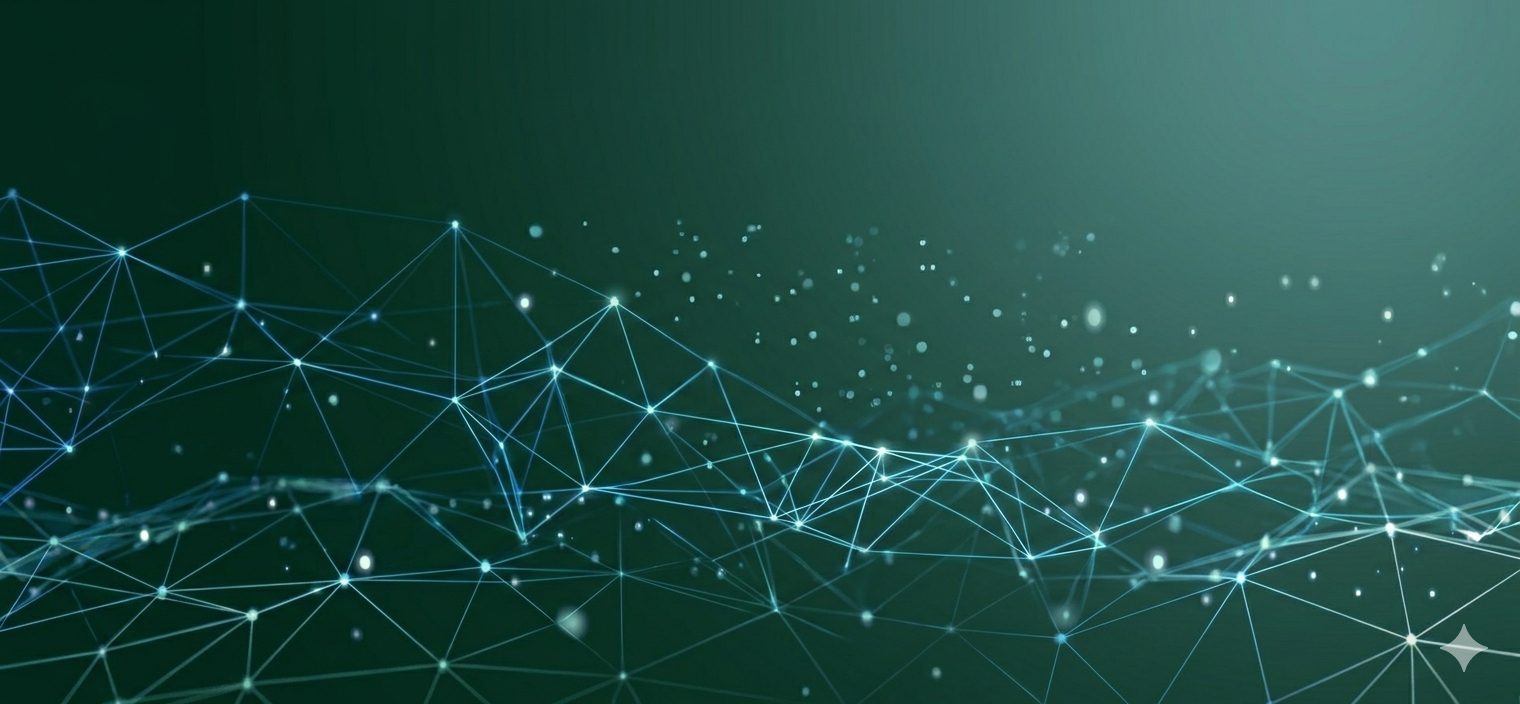 A dark forest green banner background featuring a subtle, glowing geometric network of interconnected lines and data points.