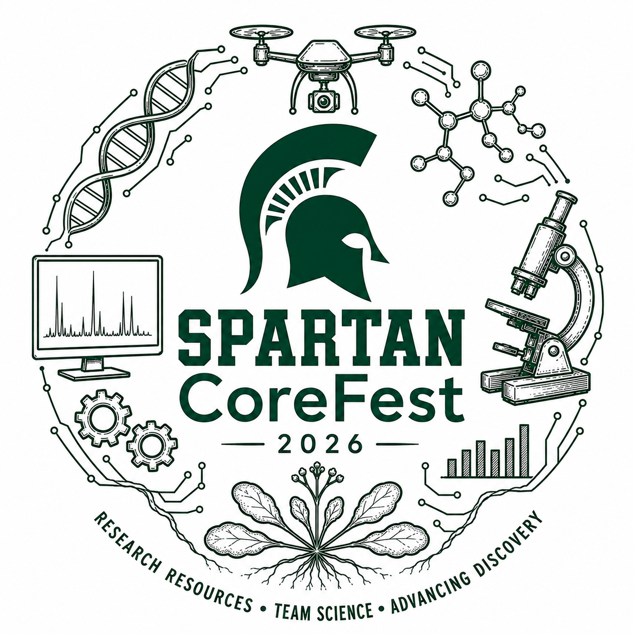 CoreFest logo, several research symbols arranged in a circle around the spartan helmet and words Spartan CoreFest 2026
