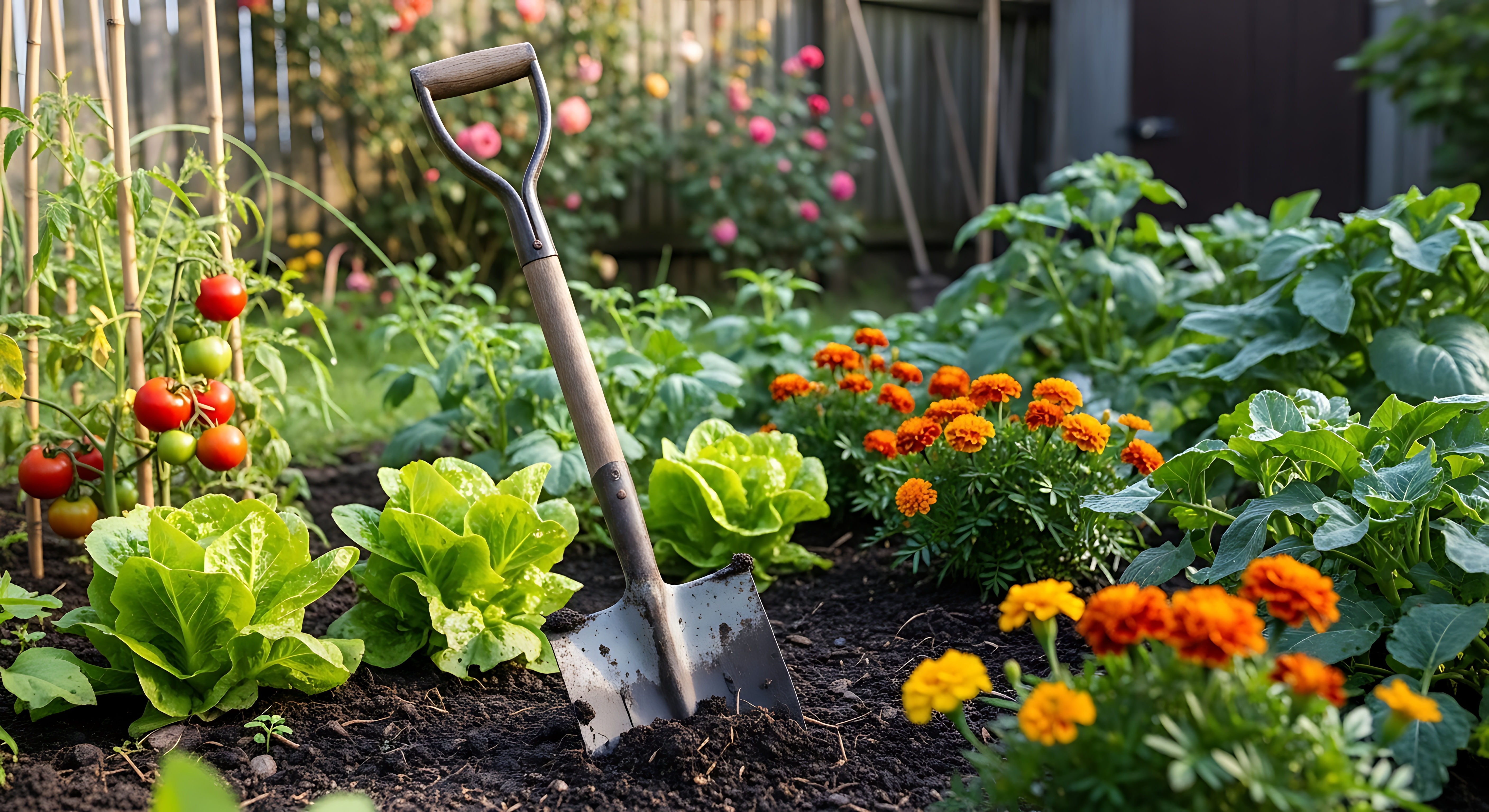 A shovel pressed into soil surrounded by green plants and bright orange, yellow and pink flowers.