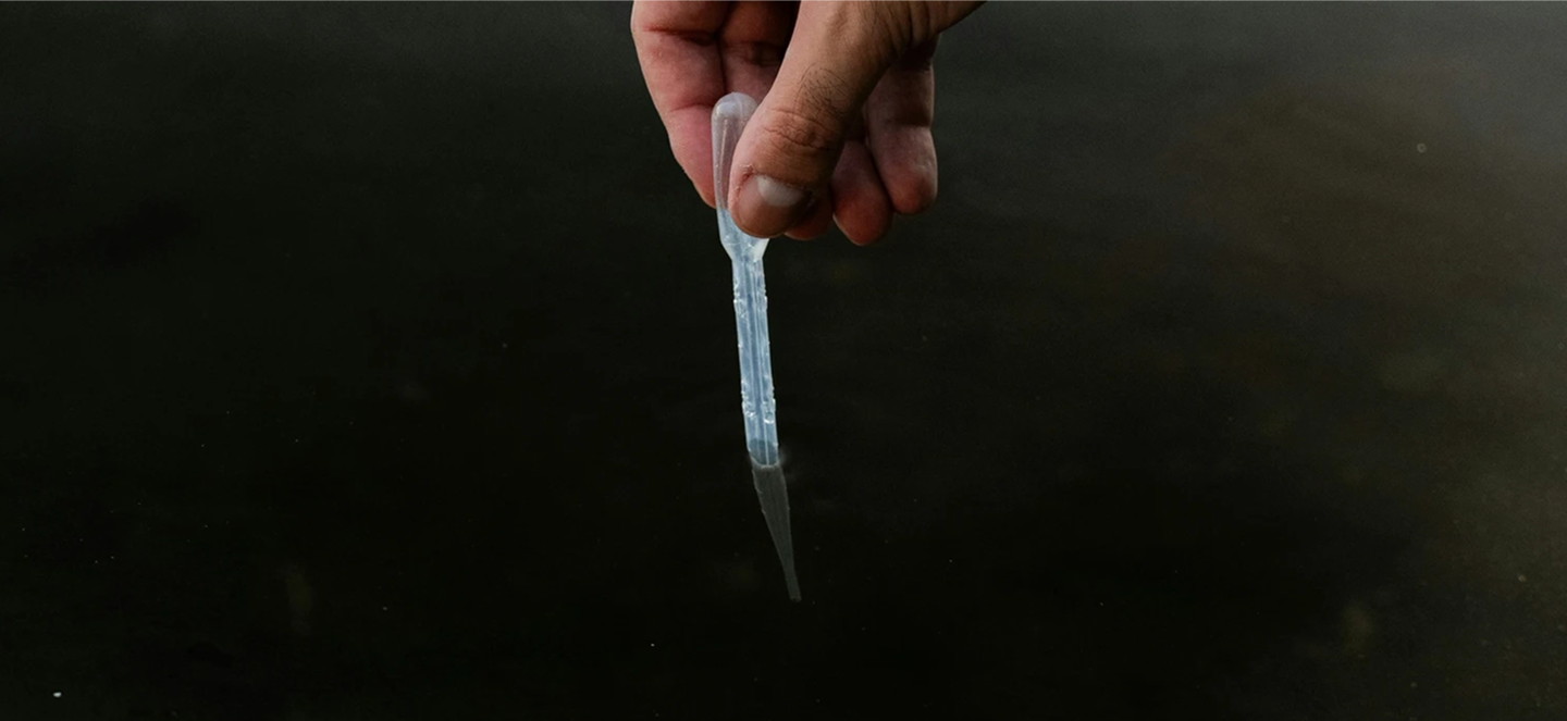 A hand holding a dropper into water