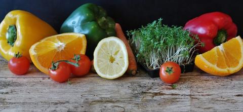 Images of various fruits and vegetables on a table