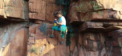 Woman climbing rocks