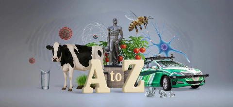 A ollage of scientific and technological elements arranged around large 3D letters reading “A to Z,”