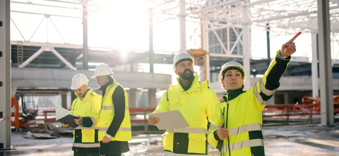 4 construction workers planning and pointing