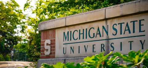 Michigan State University brick entrance sign on campus surrounded by landscaping.