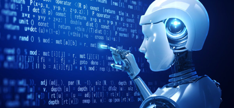 Robot looking at code on a blue screen
