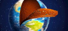The earth with a piece peeling off to reveal microbes in the soil