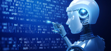 Robot looking at code on a blue screen